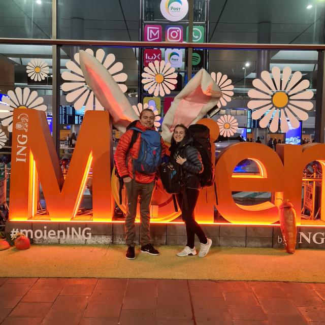 Couple picture in front of Luxembourg's airport during Easter